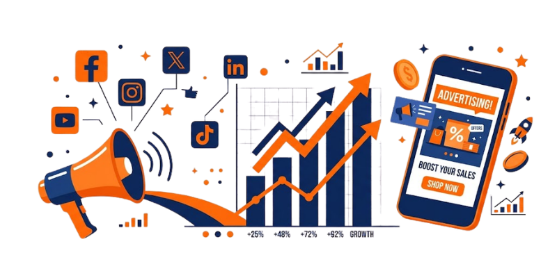 Ilustración de gestión de redes sociales y publicidad digital — OGRIH Marketing & Consulting