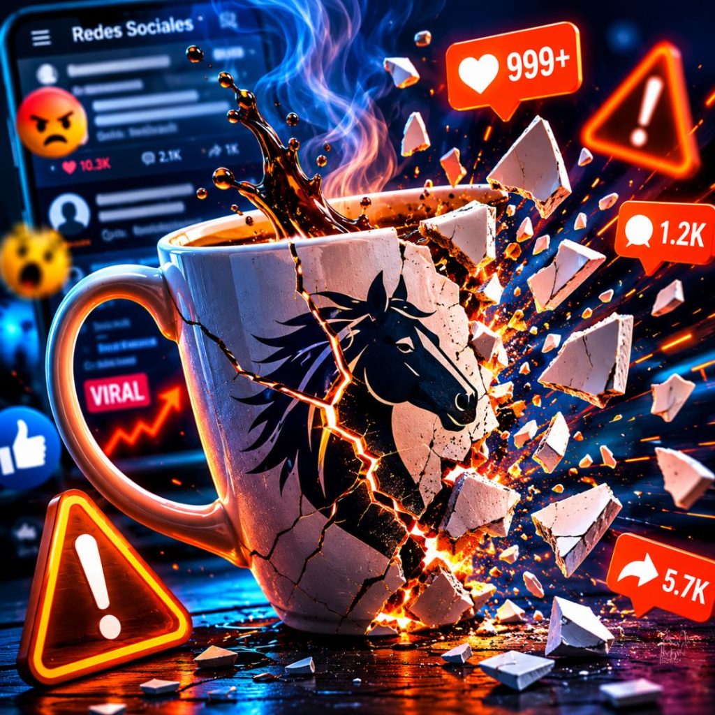 Taza de café rompiéndose con logo de caballo y notificaciones virales, representando la crisis de reputación de Macario Café por plagio de diseño