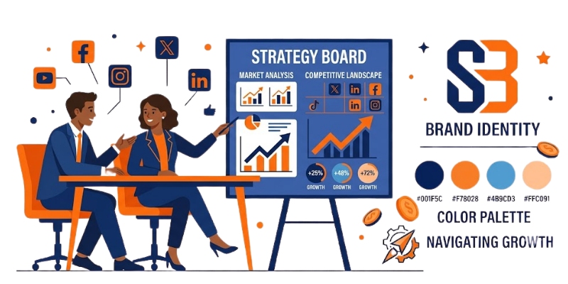 Ilustración de consultoría estratégica y branding — OGRIH Marketing & Consulting