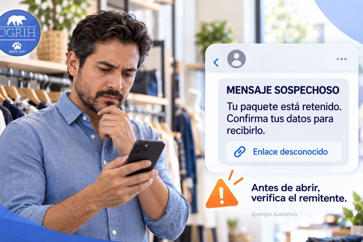 Dueño de una boutique revisando un mensaje falso sobre un paquete retenido.
