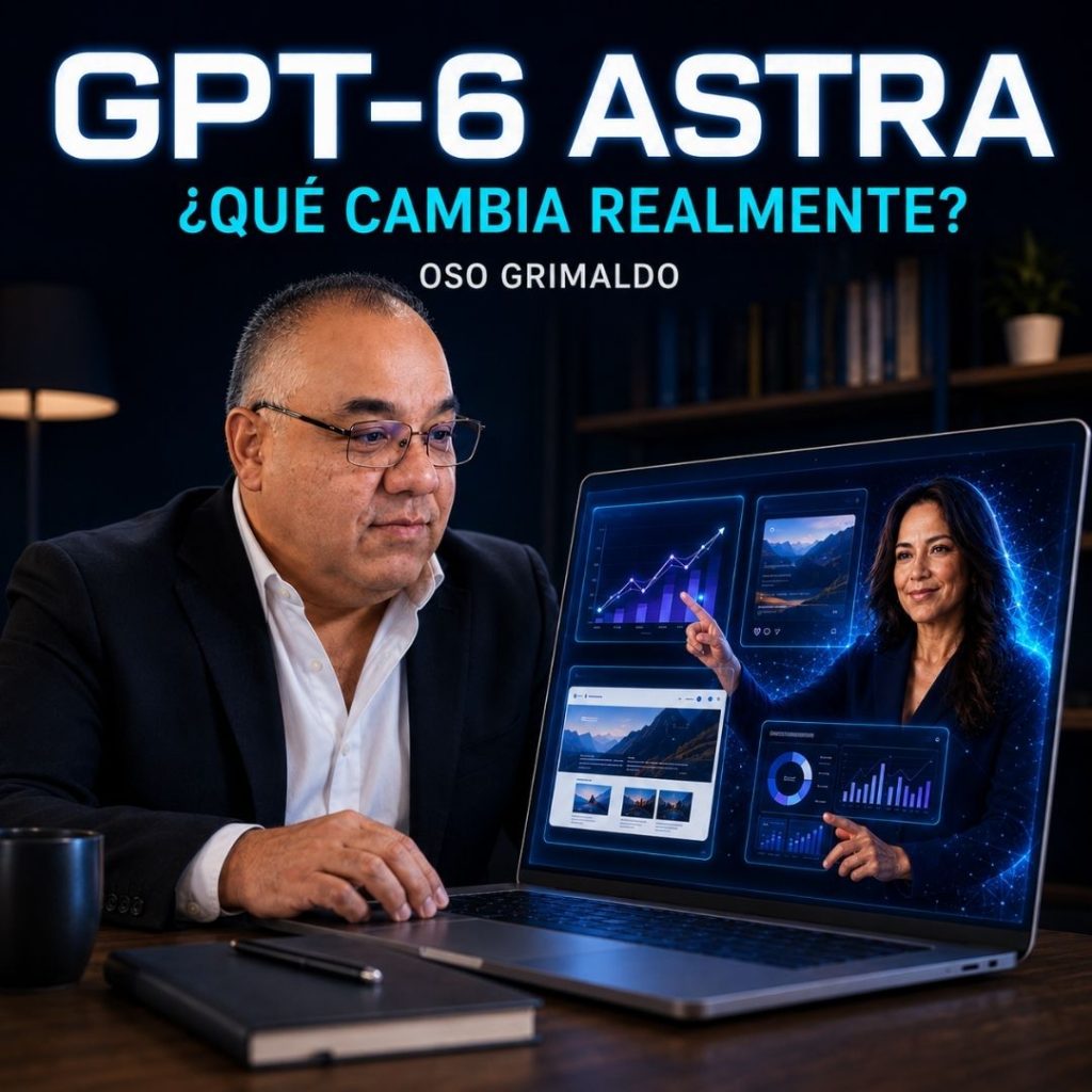 Omar Grimaldo trabaja frente a una laptop donde Lía coordina gráficas, diseños y soluciones digitales con GPT-6 Astra.