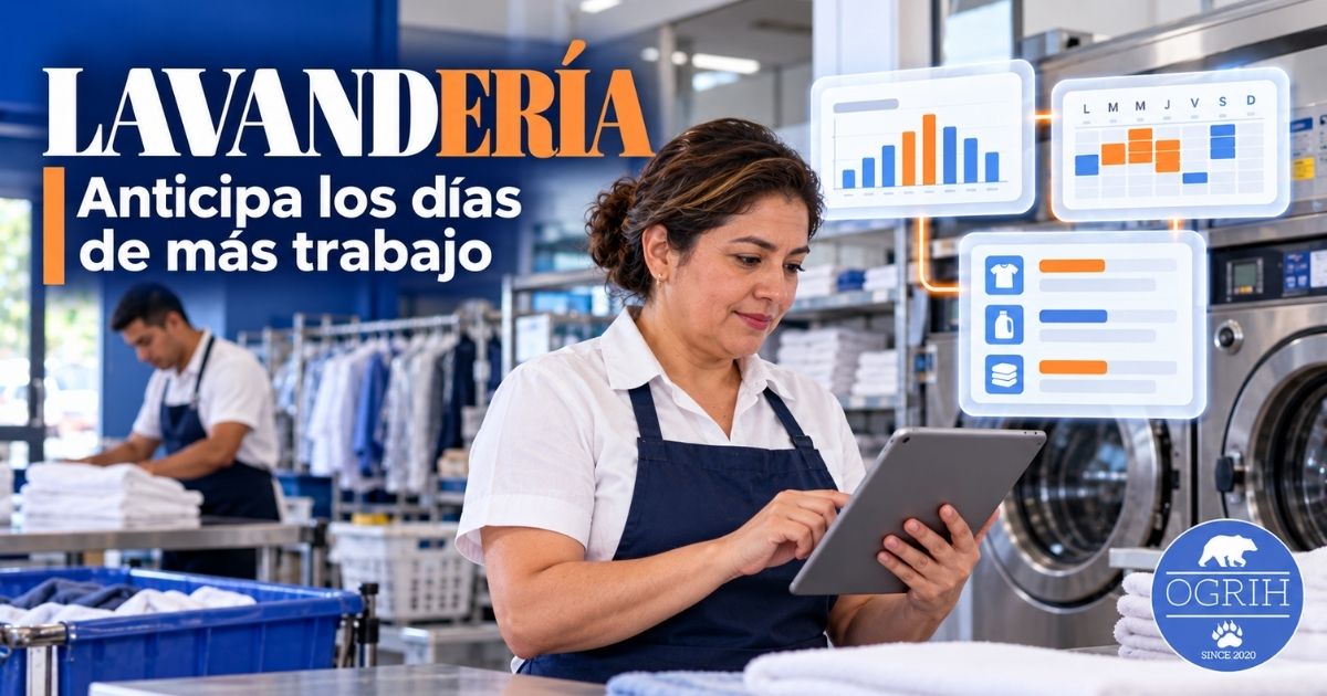 Encargada de lavandería consulta en una tableta la demanda por día para planear el trabajo