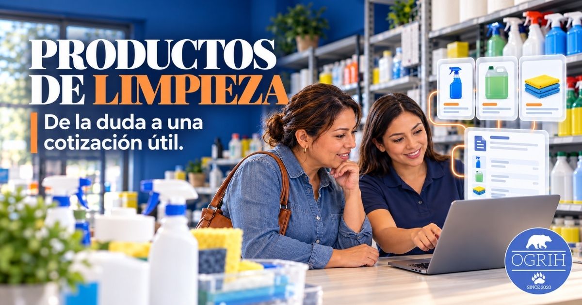 Clienta y asesora revisan en una computadora productos de limpieza y una cotización preliminar