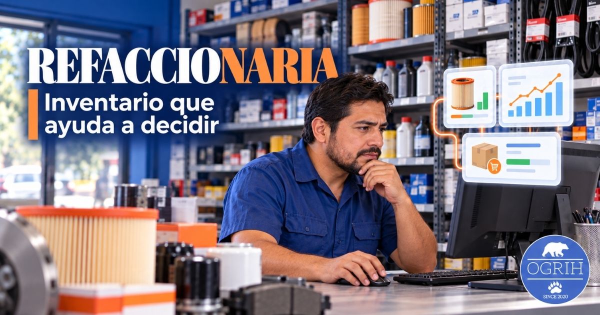 Encargado de refaccionaria revisa existencias y tendencias de venta en una computadora