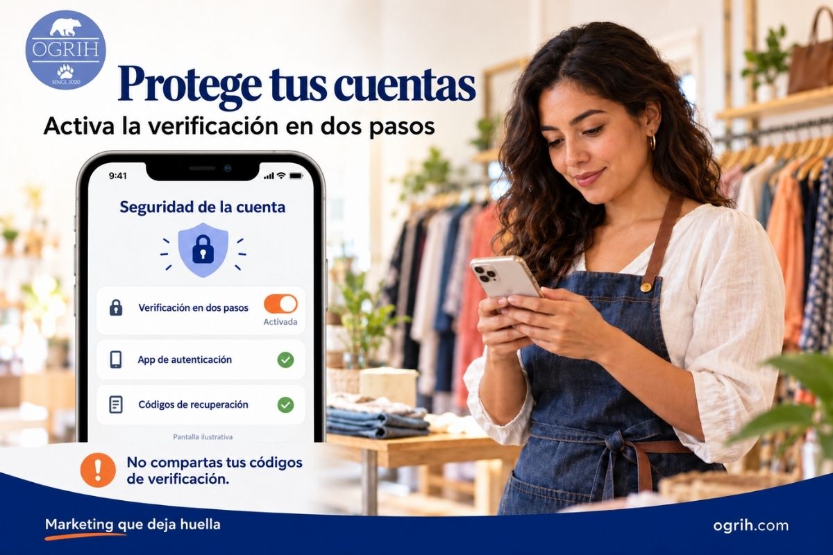 Dueña de una boutique junto a una pantalla ilustrativa con la verificación en dos pasos activada.