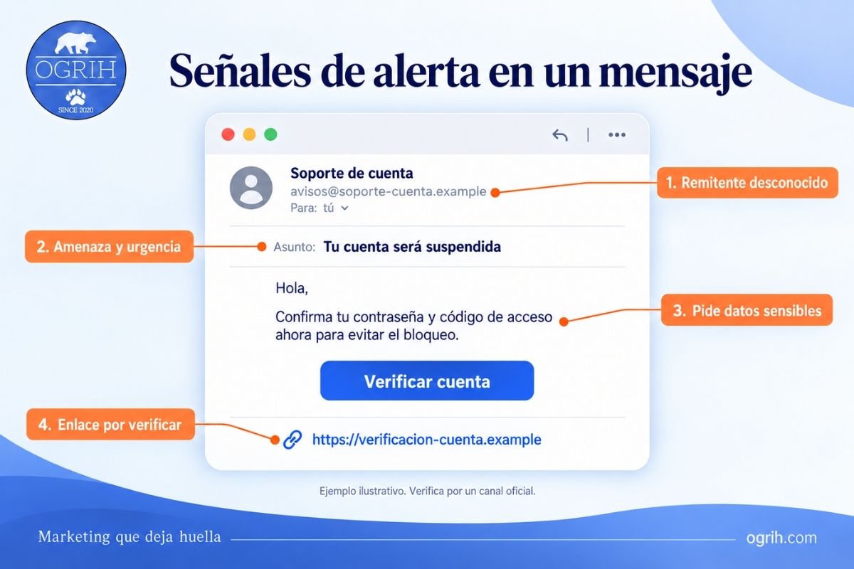 Cuatro señales de alerta en un correo: remitente, urgencia, datos sensibles y enlace por verificar.