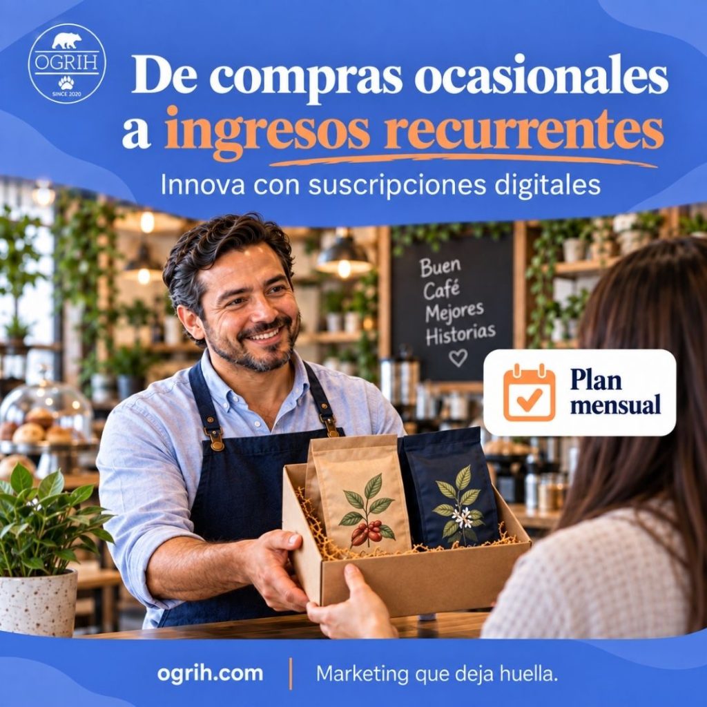 Dueño de una cafetería entrega a una clienta una caja de café como ejemplo de suscripción mensual.
