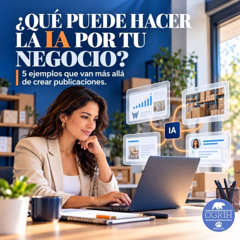 Emprendedora revisa en su computadora datos de ventas, inventario y atención al cliente con apoyo de IA.