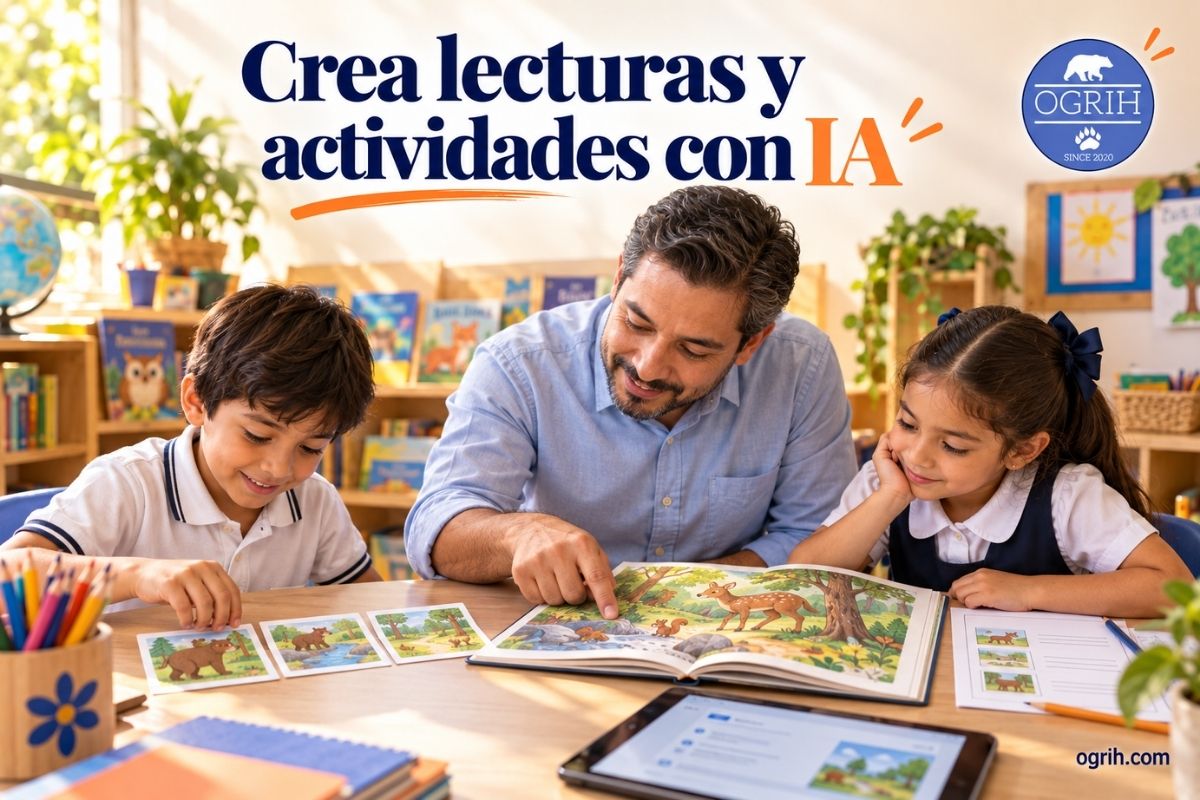 Maestro guiando una lectura y una actividad de secuencia con dos alumnos