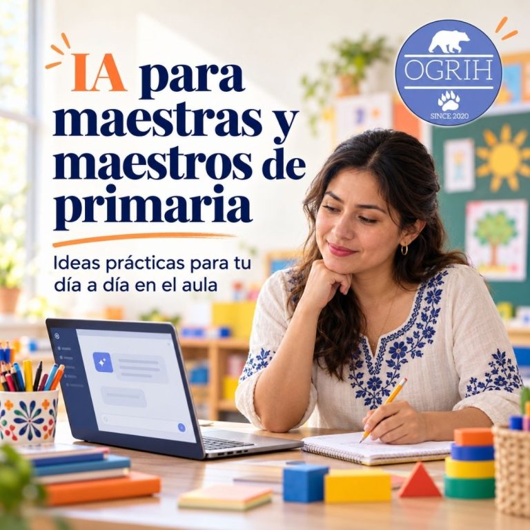 Maestra de primaria preparando materiales con apoyo de inteligencia artificial. Una guía con ideas prácticas para planear clases, crear actividades y organizar el trabajo docente.