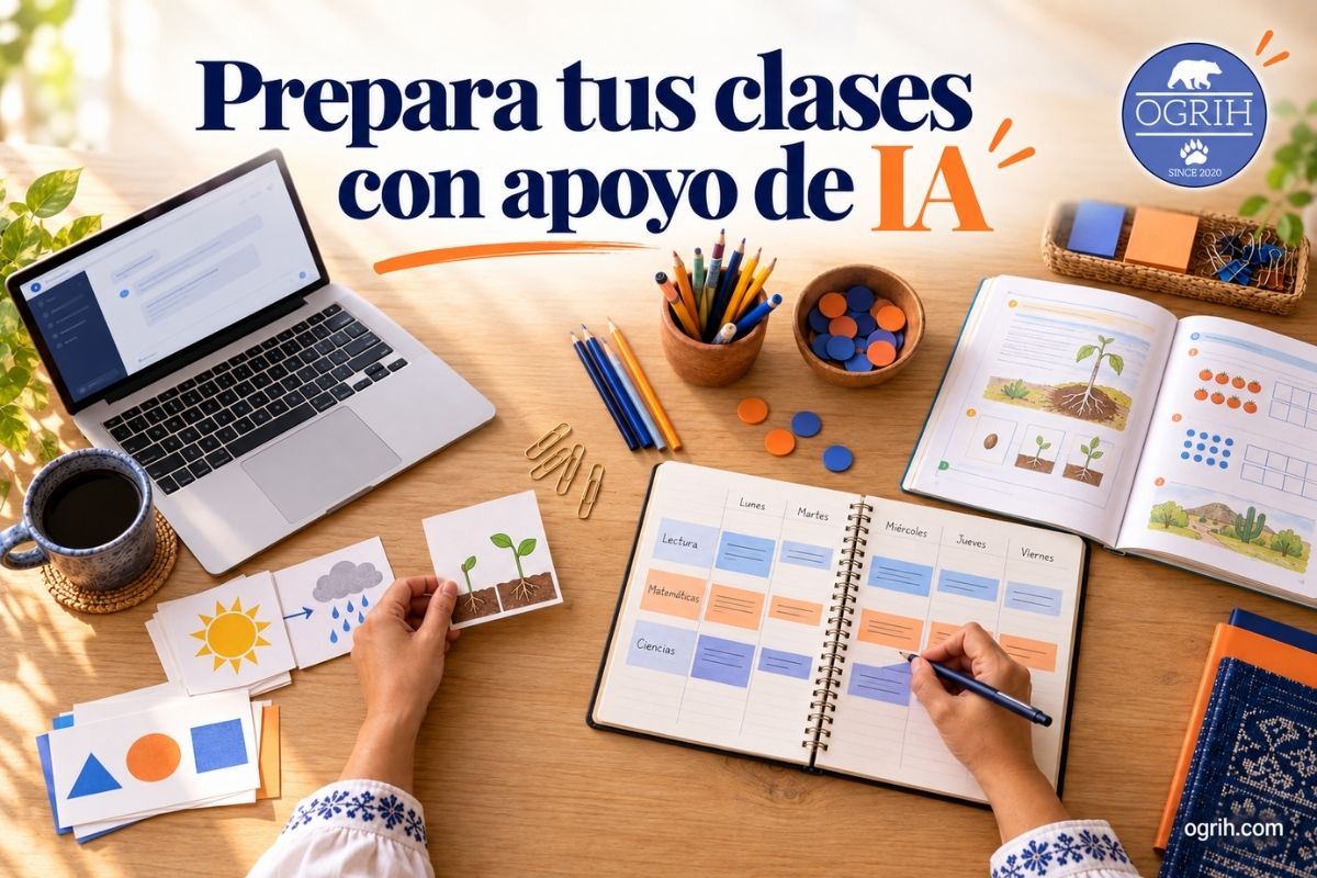 Escritorio con agenda semanal, laptop y materiales para preparar clases con apoyo de IA